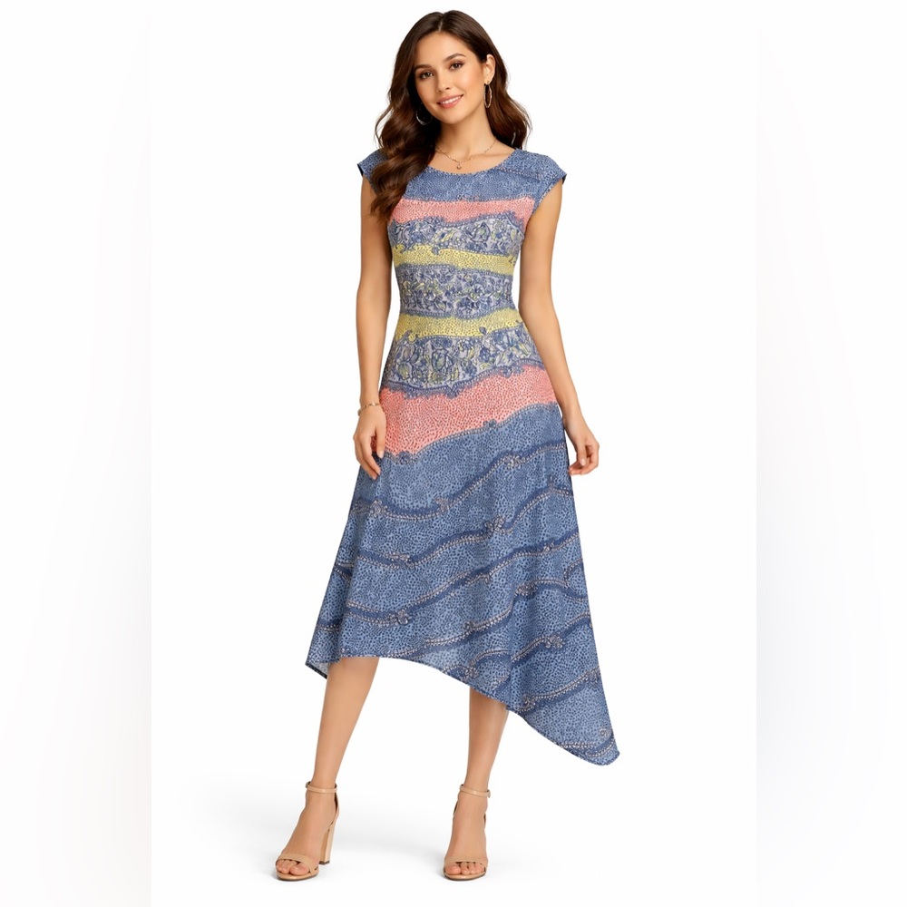 BCBGMaxAzria Blue Multi-Stripe Asymmetrical Cap Sleeve Dress